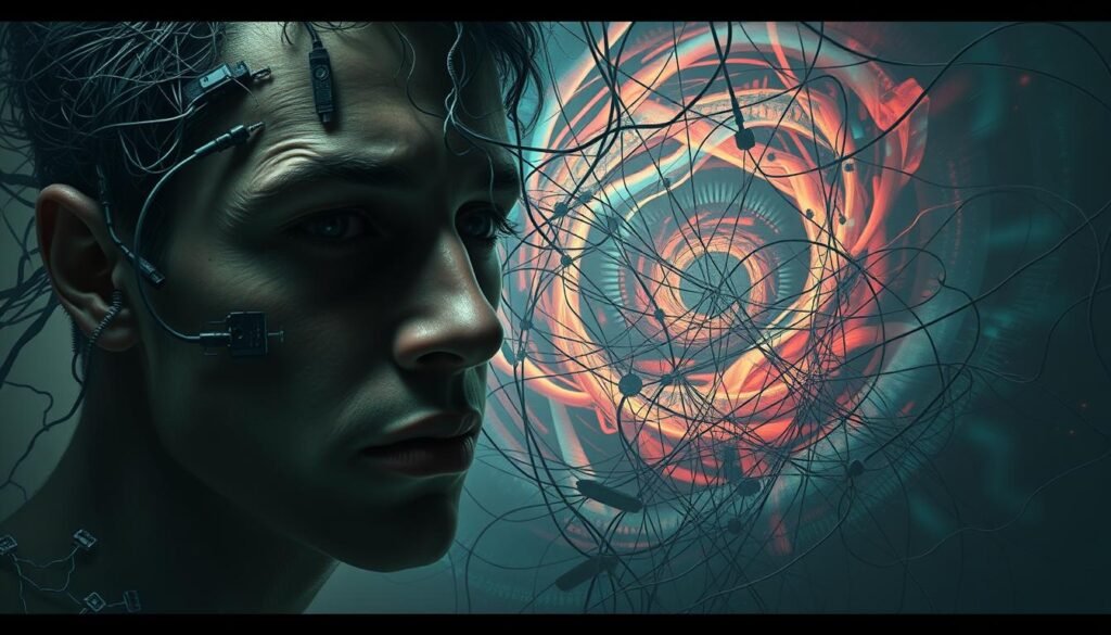A surreal digital painting depicting the emotional impact of hyperconnectivity. In the foreground, a figure's face is fragmented and distorted, conveying a sense of psychological distress. The middle ground features a web of tangled cables and circuits, symbolizing the overwhelming digital landscape. In the background, a swirling vortex of vibrant, ethereal colors represents the chaotic nature of our hyperconnected world. Dramatic lighting and a cinematic, slightly desaturated color palette create an atmosphere of intensity and unease. The composition is balanced, guiding the viewer's gaze through the various layers of the image.