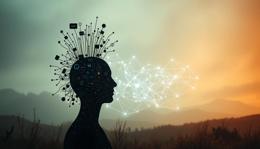 A surreal, dreamlike scene depicting the interplay between mental health and hyperconnectivity. In the foreground, a stylized human figure composed of digital glyphs and abstract shapes, conveying the cognitive overload and fragmentation of the mind in the digital age. In the middle ground, a tangled web of luminous neon lines and pulsing nodes, representing the intricate neural networks and information flows that shape our mental landscapes. In the distant background, a hazy, ethereal landscape of floating landscapes and fractured geometry, evoking the sense of dissociation and disconnection from the physical world. Soft, warm lighting bathes the scene, creating an atmosphere of contemplation and introspection. The overall composition suggests the delicate balance between our digital and mental realms, and the need to find harmony amidst the hyper-connected world.