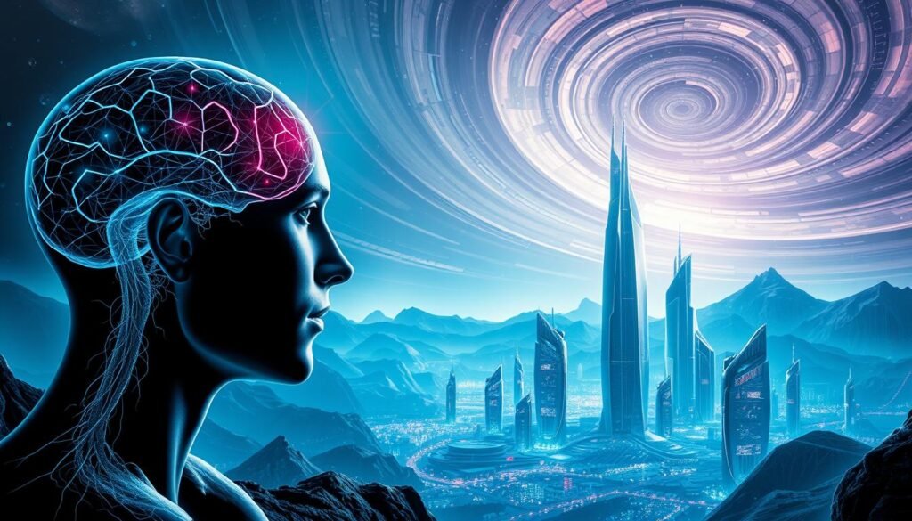 A surreal, futuristic landscape where the integration of the human brain and advanced technology is seamlessly visualized. In the foreground, a stylized human head with neural pathways pulsing with energy, symbolizing the concept of neuroplasticity. In the middle ground, a gleaming, angular cityscape of towering structures and holograms, representing the technological advancements that shape our modern world. The background features a dreamlike, ethereal sky with swirling, abstract patterns, creating a sense of wonder and the endless possibilities of the human-technology interface. The image is rendered in a cinematic, high-contrast style with dramatic lighting, emphasizing the dramatic interplay between the organic and the artificial.