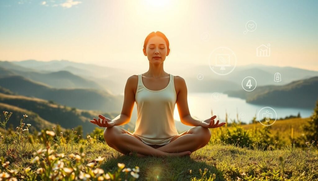 A tranquil landscape of rolling hills and a serene lake, bathed in warm, golden sunlight. In the foreground, a person sits cross-legged, deeply immersed in meditation, their expression serene and introspective. Surrounding them, delicate flowers and lush greenery symbolize the harmonious balance between technology and mental well-being. In the middle ground, minimalist technology icons float weightlessly, suggesting the integration of digital tools with mindfulness practices. The background features a blend of organic and technological elements, hinting at the complex relationship between the modern world and inner peace. The overall mood is one of contemplation, harmony, and the search for mental equilibrium in the age of technological advancement.