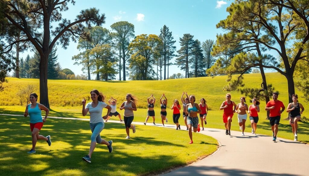 A vibrant and energetic scene of people engaging in various physical activities in an outdoor park setting. In the foreground, a group of people are jogging and running along a winding path, their movement captured in dynamic poses. In the middle ground, others are participating in activities such as yoga, calisthenics, and aerobics, their bodies in graceful and focused poses. In the background, a lush green landscape with towering trees and a clear blue sky, creating a serene and natural environment that encourages physical and mental well-being. The lighting is warm and gentle, casting a soft glow on the scene and highlighting the participants' dedication and joy in their physical pursuits.