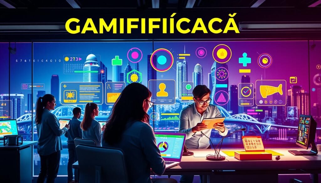 A vibrant and engaging scene depicting the concept of "Gamificação" (Gamification). In the foreground, a group of adult professionals engaged in a playful, interactive learning activity, using colorful digital interfaces and game-like elements to enhance their productivity and knowledge retention. The middle ground showcases various gamification tools and mechanics, such as leaderboards, badges, and progress bars, seamlessly integrated into a sleek, modern workspace. The background features a dynamic, futuristic cityscape, symbolizing the integration of technology and adult learning. The lighting is bright and energetic, creating a sense of excitement and discovery. The overall composition conveys the power of gamification to transform the way adults approach their daily tasks and professional development.