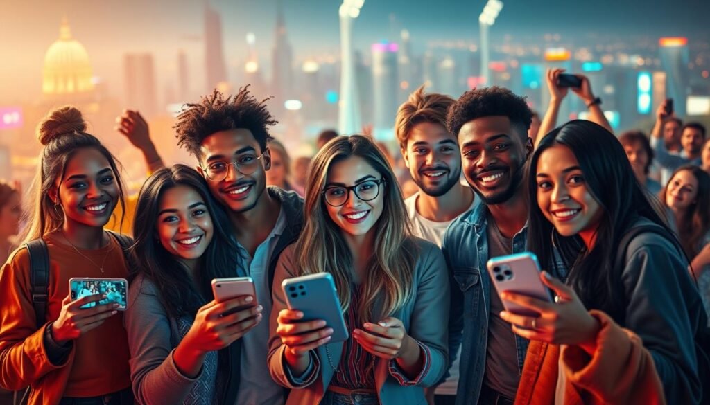 A vibrant digital landscape, where young influencers captivate their audience. In the foreground, a group of diverse individuals, each with a distinct personal style, captivating the viewer with their engaging poses and expressions. In the middle ground, a swirl of digital devices, smartphones, and social media platforms, highlighting the seamless integration of their virtual lives. The background features a pulsing, neon-tinged cityscape, reflecting the dynamism and energy of the digital age. The scene is bathed in warm, diffused lighting, creating a sense of warmth and connection. The overall tone conveys the allure and impact of these digital tastemakers, shaping the attitudes and aspirations of the younger generation.