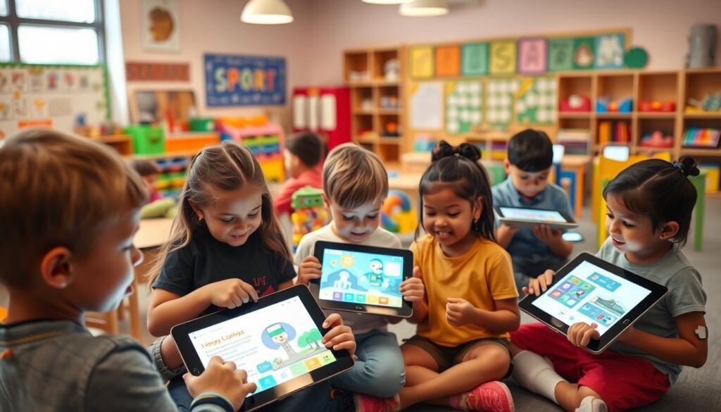 A vibrant educational setting, showcasing a diverse array of engaging learning activities. In the foreground, a group of children enthusiastically participating in interactive digital lessons, their faces lit by the soft glow of tablet screens. The middle ground features an array of educational manipulatives, from building blocks to interactive learning stations, all designed to stimulate the senses and encourage hands-on exploration. The background depicts a warm, inviting classroom environment, with colorful wall displays, ample natural lighting, and a sense of wonder and discovery. The overall scene conveys a atmosphere of joyful, enriching education, where technology seamlessly integrates with traditional learning methods to create a dynamic, immersive experience.