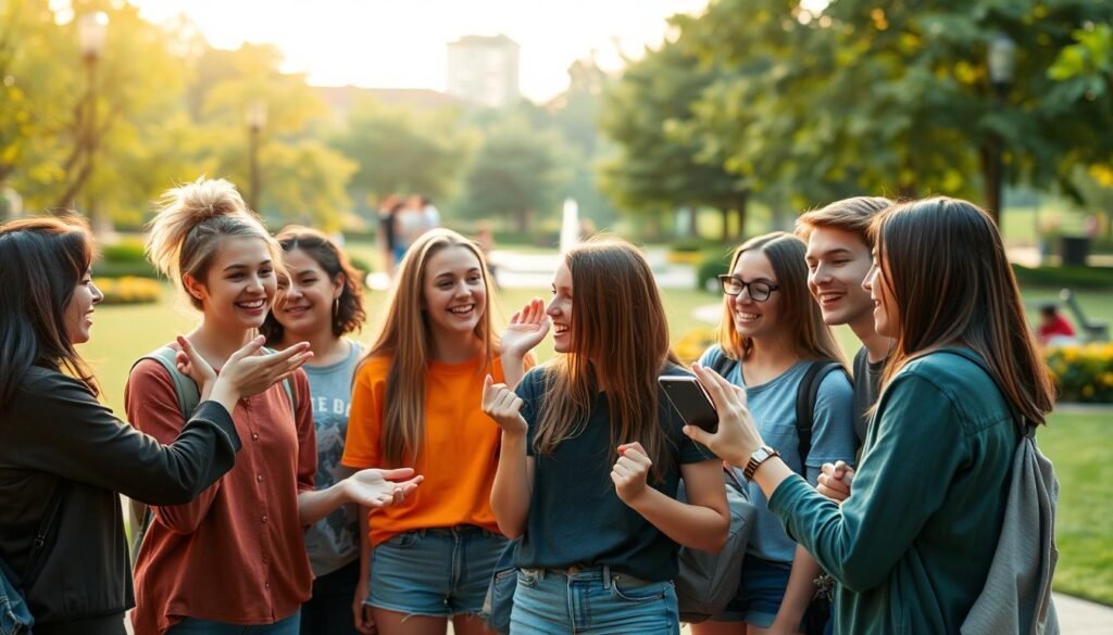 A vibrant group of teenagers engaged in lively social interaction, set against a backdrop of warm, natural lighting and a serene outdoor setting. In the foreground, a diverse group of young people gesturing animatedly, their faces alight with joy and connection. In the middle ground, smaller clusters of friends deep in conversation, their body language conveying a sense of intimacy and trust. The background features a tranquil park or garden, with lush greenery and a calming atmosphere that enhances the overall sense of community and belonging. The overall scene evokes a sense of the importance of social connection, collaboration, and the positive impact of technology in facilitating meaningful interpersonal interactions among adolescents.