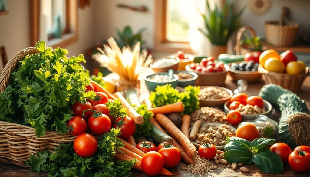 A vibrant, sun-dappled still life showcasing a bountiful array of fresh, wholesome ingredients for a healthy meal. In the foreground, an array of crisp, colorful vegetables - leafy greens, plump tomatoes, crunchy carrots, and more - spilling out of a woven basket. In the middle ground, a wooden table laden with whole grains, nuts, and fruits, bathed in warm, golden light. The background features a simple, rustic interior with earthy tones, hinting at the nourishing, homemade nature of the scene. The overall composition conveys a sense of abundance, vitality, and a celebration of nature's bounty - a visual embodiment of the benefits of a healthy, balanced diet.