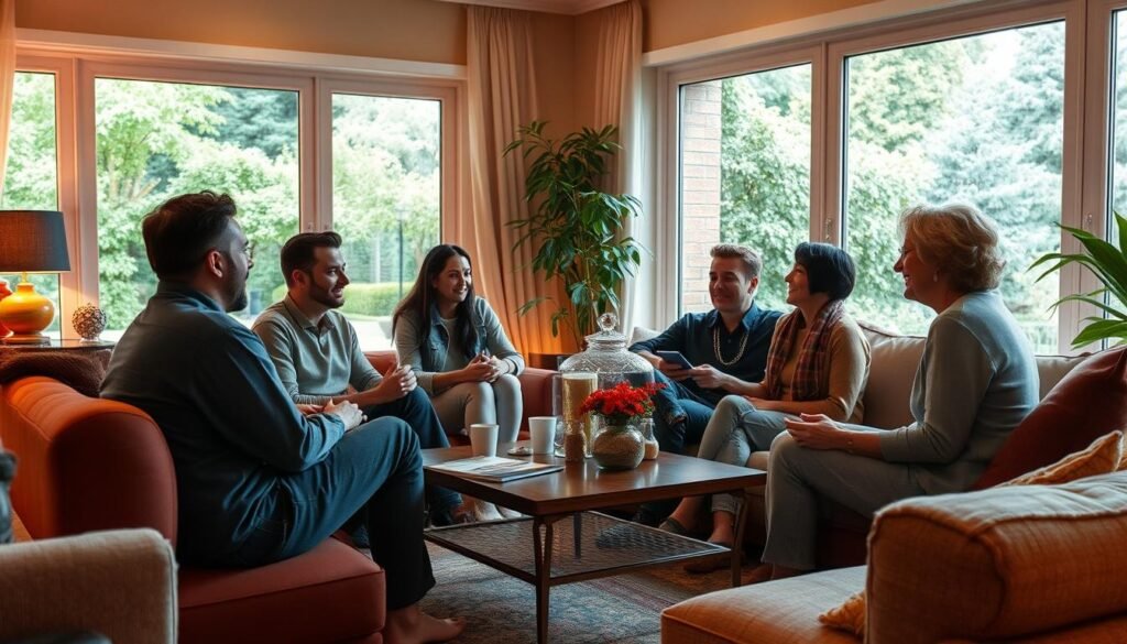 A warm, inviting living room with a group of friends gathered around a coffee table, engaging in deep conversation. Soft, ambient lighting casts a cozy glow, and large windows offer a view of a lush, verdant garden outside. Plush, comfortable seating encourages an atmosphere of openness and intimacy. The friends' body language and facial expressions convey a sense of genuine connection, as they listen intently and share their thoughts. The overall scene evokes a feeling of personal bonds, meaningful interactions, and a respite from the digital world.