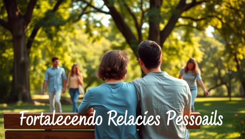 A warm, sun-dappled scene of healthy relationships. In the foreground, two friends sit on a wooden bench, heads bent together in easy conversation, faces alight with genuine connection. In the middle ground, a family strolls hand-in-hand, parents beaming down at their child. The background reveals a lush, verdant park, with towering trees casting a gentle, golden glow. The overall atmosphere is one of tranquility, intimacy, and well-being - a visual embodiment of the theme "Fortalecendo Relações Pessoais".