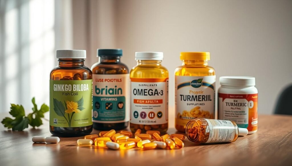 A well-lit table showcasing a variety of brain-boosting supplements, including ginkgo biloba, omega-3 fish oil, B-complex vitamins, and turmeric capsules. The supplements are arranged neatly on a wooden surface, with a clean and minimalist background. Soft, warm lighting illuminates the scene, creating a sense of health, vitality, and focus. The image conveys a message of natural, holistic solutions for supporting cognitive function and brain health.