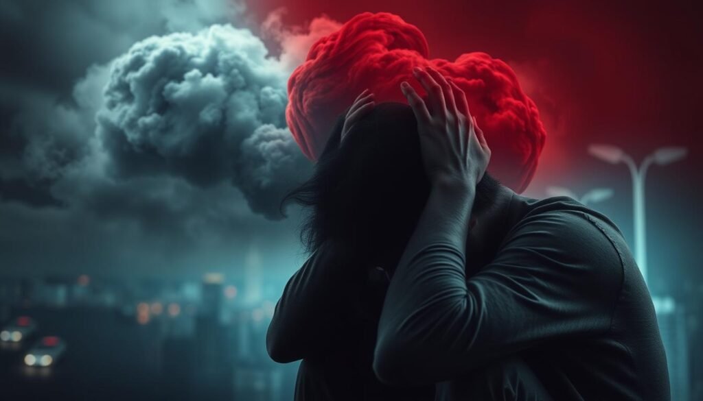 Detailed scene depicting the impact of stress on mental health. In the foreground, a figure curled up, hands gripping their head, expression of anguish. Swirling clouds of anxiety and tension in the middle ground, colors shifting from grays to reds. In the background, a blurred cityscape, neon lights casting an unsettling glow, hinting at the overwhelming pressures of modern life. Dramatic chiaroscuro lighting, deep shadows, moody atmosphere conveying the debilitating effects of chronic stress on the mind. Realistic, cinematic style, compelling the viewer to empathize with the subject's inner turmoil.