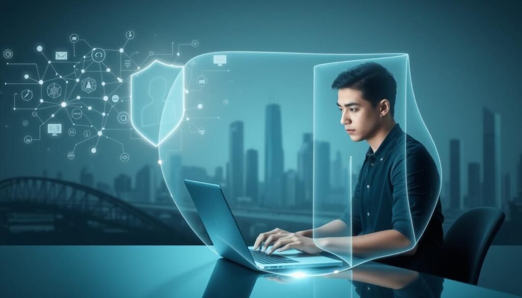 Segurança Online: A cybersecurity scene depicting an individual's online presence protected by a transparent digital shield. In the foreground, a person sits at a desk, focused on their laptop, with a serene, composed expression. Emanating from the laptop screen, a luminous, gossamer-like barrier envelops the figure, shielding them from external digital threats. The middle ground features abstract, geometric digital patterns and icons, symbolizing the intricate web of online interactions. The background showcases a minimalist, sleek cityscape, hinting at the broader technological landscape. The lighting is soft, diffused, and creates a sense of security and control, conveying the importance of responsible digital stewardship.