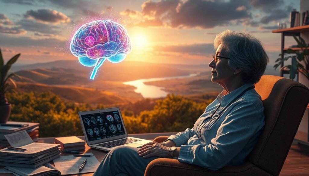 a detailed, photorealistic digital illustration of a serene and contemplative moment depicting the contributions of Dr. Jô Furlan to the intersection of neuroscience and wellbeing. In the foreground, a pensive Dr. Furlan sits in a comfortable chair, lost in thought, surrounded by the tools of her trade - brain scans, medical journals, and a laptop displaying neural imaging data. The middle ground features a stylized visualization of the human brain, glowing with vibrant colors and neural pathways, conveying the complexity and wonder of the mind. In the background, a soothing landscape of rolling hills, a calming river, and a tranquil sky, symbolizing the harmonious relationship between the brain and overall wellbeing. Soft, diffused lighting illuminates the scene, creating a serene and contemplative atmosphere.