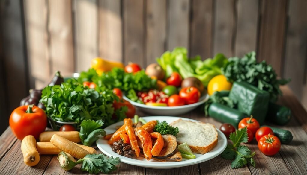 A balanced, nutritious meal arranged on a rustic wooden table. In the foreground, a variety of colorful, fresh produce such as leafy greens, vibrant vegetables, and juicy fruits. In the middle ground, a plate showcasing a balanced combination of lean protein, complex carbohydrates, and healthy fats. Subtle natural lighting casts a warm, inviting glow across the scene, emphasizing the wholesome, nourishing qualities of the food. The overall atmosphere is one of simplicity, harmony, and a celebration of the fundamental principles of holistic, balanced nutrition.