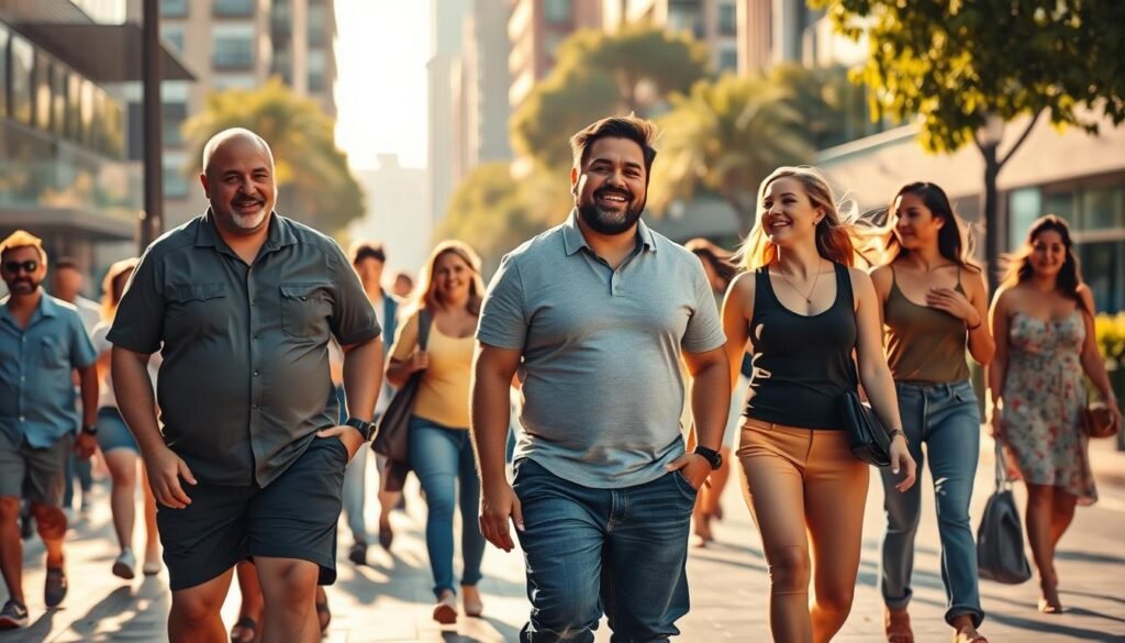 A bustling city street scene, with people of diverse ages and body types strolling confidently, radiating vitality and self-assurance. In the foreground, a group of three individuals, their transformed physiques evident, engage in lively conversation, their expressions conveying a sense of newfound joy and accomplishment. Warm, golden sunlight filters through the scene, creating a soft, uplifting atmosphere. The background is filled with a blend of modern architecture and lush greenery, suggesting a prosperous, health-conscious community. The overall composition captures the essence of "Casos de Sucesso após Cirurgia Bariátrica" - real-life transformations and the triumph over obesity.