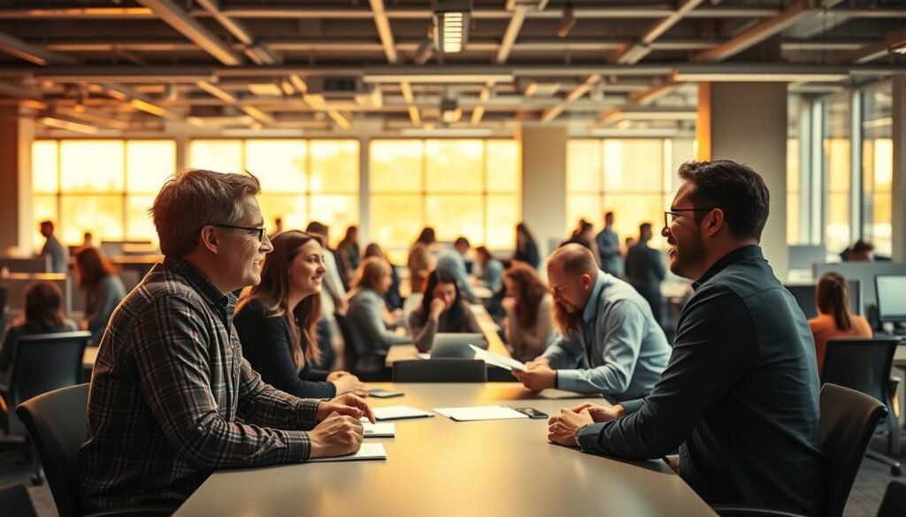 A bustling office environment, where colleagues gather around a conference table in lively discussion. Warm, natural lighting filters through large windows, casting a soft glow over the scene. In the foreground, two colleagues lean in, engaged in an animated conversation, their body language conveying a sense of collaboration and mutual understanding. In the middle ground, a group of co-workers sit or stand, exchanging ideas and notes, their expressions ranging from thoughtful to enthusiastic. In the background, the office space extends, with cubicles and workstations visible, suggesting a well-connected, active workplace. The overall atmosphere is one of dynamic, interpersonal exchange, reflecting the challenges and opportunities of hyper-connectivity in the corporate setting.
