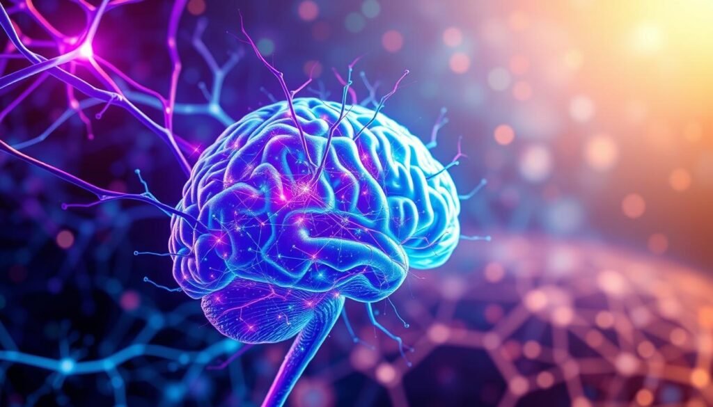 A captivating illustration of neuroplasticity, the brain's remarkable ability to adapt and change over time. A vibrant, kaleidoscopic display of neural pathways, synapses, and interconnected networks, pulsing with an electric energy. In the foreground, a central brain form, rendered in vivid hues of blue and purple, with intricate branching patterns that seem to reach out and connect to the surrounding environment. In the middle ground, a blurred, dreamlike landscape of cascading geometric shapes and abstract patterns, evoking the dynamic and ever-evolving nature of the human mind. In the background, a soft, ethereal glow, suggesting the boundless potential and endless possibilities inherent in the neuroplastic brain. Lit by a warm, diffused light, the scene conveys a sense of wonder, discovery, and the profound impact of neuroplasticity on our cognitive and emotional well-being.