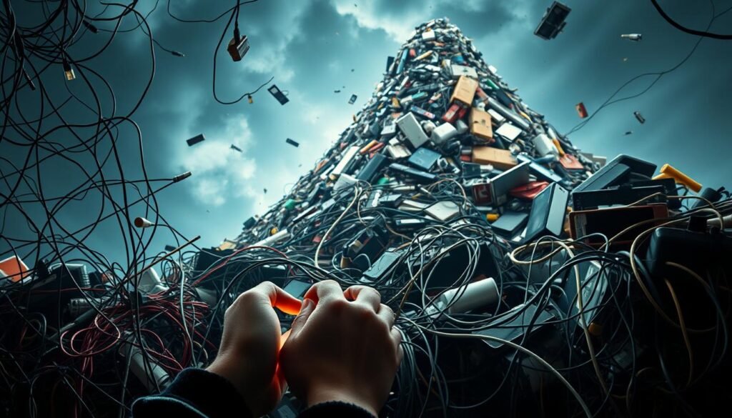 A chaotic, visually stunning composition depicting the impact of hyper-connectivity and overconsumption. In the foreground, a young person's hands hold a glowing smartphone, consumed by a digital world. The middle ground features a tangled web of cables, cords, and devices, symbolizing the web of technological dependence. In the background, a towering pile of discarded consumer goods - electronics, packaging, and waste - looming ominously, representing the environmental toll of mindless overconsumption. The lighting is harsh, with high contrast and dramatic shadows, evoking a sense of unease and the pressure of modern life. The overall mood is one of anxiety, disconnection, and the loss of balance in the digital age.