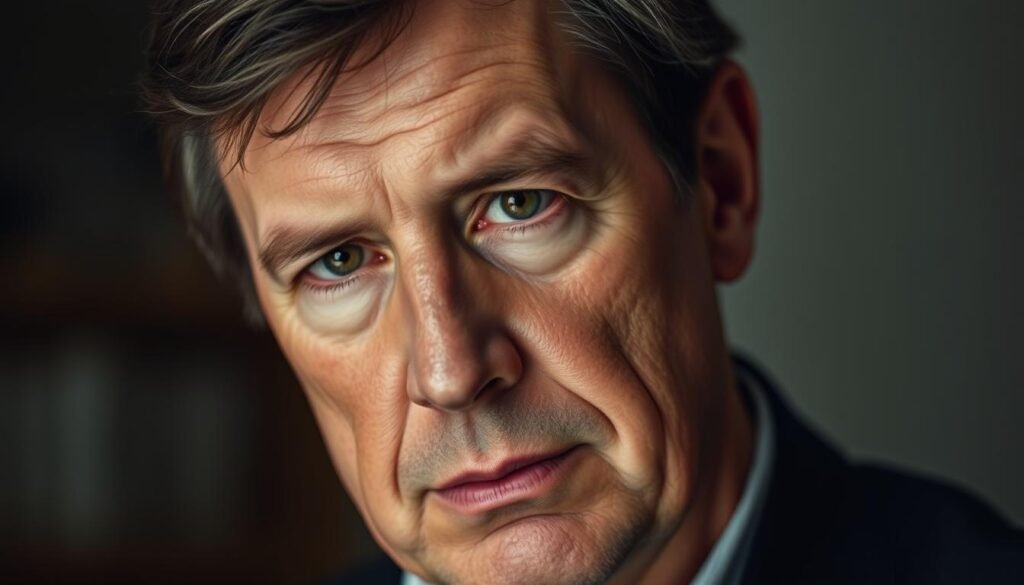 A close-up portrait of a middle-aged man with a pensive expression, presumably Dr. Jô Furlan, a specialist in the field of burnout. The lighting is soft and diffused, creating a warm, contemplative atmosphere. The subject's face is slightly angled, with a slight furrow in the brow, conveying a sense of deep thought and expertise. The background is slightly blurred, allowing the viewer to focus on the subject's face and upper body. The overall mood is one of thoughtfulness and authority, reflecting the subject's role as an expert on the topic of burnout.