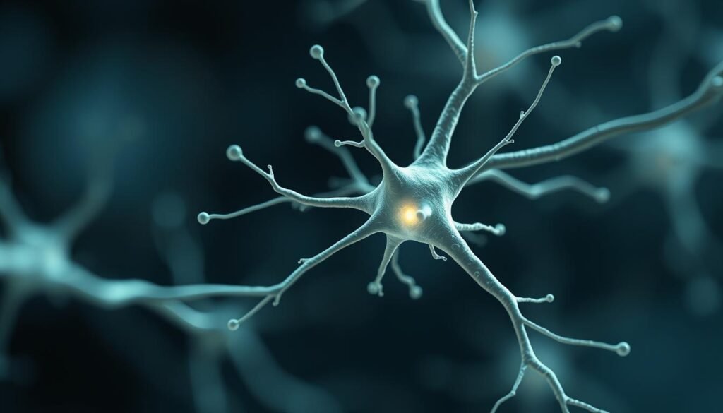 A close-up portrait of a neuron, its intricate branches and synapses glowing with an ethereal light. The neuron is set against a blurred, contemplative backdrop, evoking the deep philosophical insights of the "Estoicismo e Neuroplasticidade" theme. The neuron's structure is rendered in meticulous detail, capturing the dynamic and adaptive nature of the human brain. Soft, diffuse lighting illuminates the scene, creating a sense of depth and focus on the central subject. The overall mood is one of scientific curiosity and the profound connections between mind, body, and the human experience.