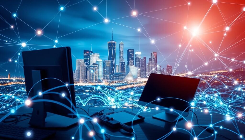 A complex web of technological devices and connections, depicting the hyperconnectivity of the modern corporate landscape. In the foreground, a desktop computer, smartphone, and tablet are intertwined, symbolizing the integration of various communication channels. The middle ground features a city skyline, with towering skyscrapers representing the fast-paced, technology-driven business environment. In the background, a network of glowing lines and data streams creates a sense of the vast, interconnected digital infrastructure that supports and enables this hyperconnectivity. The lighting is a mix of cool, blue tones and warm, ambient lighting, conveying the dual nature of technology as both a powerful tool and a potential challenge in the corporate world.