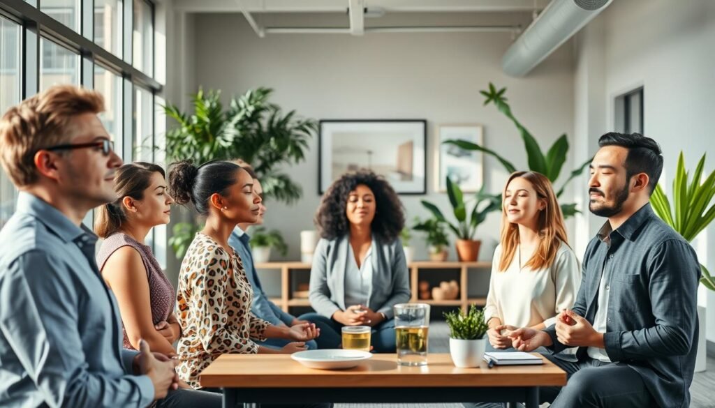 A corporate office interior, bathed in soft natural light filtering through large windows. In the foreground, a group of employees engaged in a mindfulness session, their expressions serene and focused. The middle ground features a well-being station with healthy snacks, tea, and stress-relief tools. In the background, potted plants and artwork adorn the walls, creating a calming, rejuvenating atmosphere. The scene conveys the importance of mental health support and work-life balance within a modern, progressive workplace.