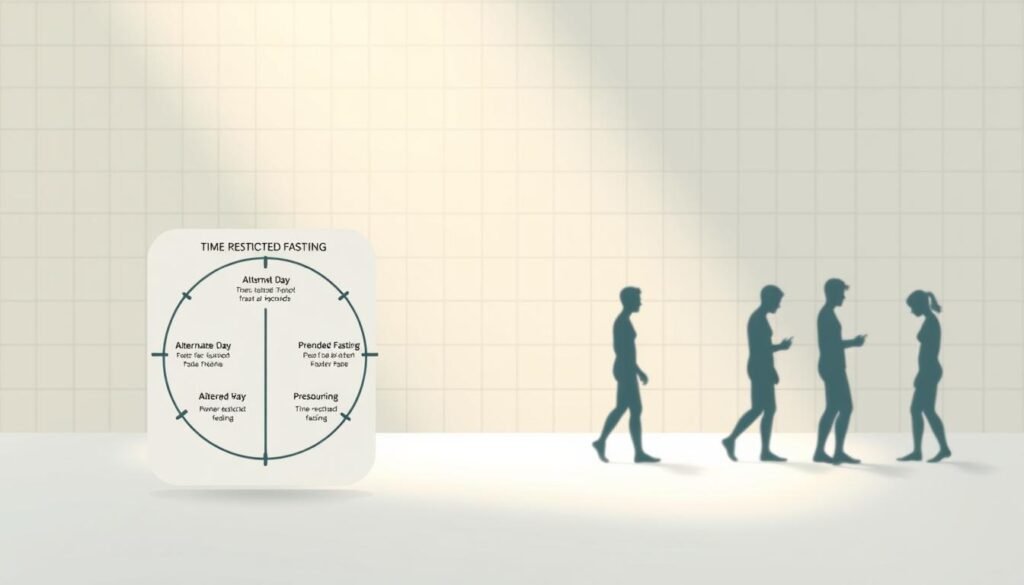 A detailed illustration depicting various protocols of intermittent fasting. In the foreground, a stylized icon or diagram showcasing the key elements of time-restricted feeding, alternate-day fasting, and prolonged fasting. The middle ground features human silhouettes engaging in different fasting routines, with subtle visual cues to distinguish the approaches. The background blends a minimalist grid pattern with soothing, natural hues, creating a sense of organized structure and wellness. The lighting is soft and diffused, capturing the introspective nature of these dietary practices. The overall composition conveys a harmonious balance between the scientific and the personal aspects of intermittent fasting.