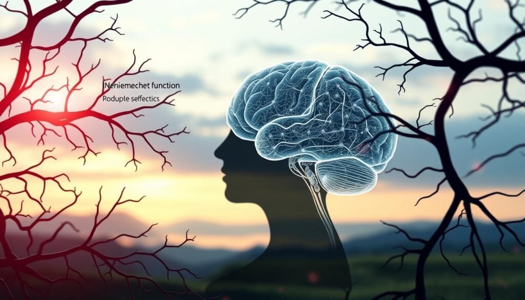 A detailed illustration of the effects of intermittent fasting on neurodegenerative diseases. In the foreground, a microscopic view of neural pathways, showcasing the neuroprotective mechanisms of fasting - synaptic plasticity, mitochondrial function, and reduced oxidative stress. In the middle ground, a brain silhouette, partially obscured by a faded overlay of molecular structures, symbolizing the complex interplay between fasting and neurological health. The background depicts a tranquil, serene landscape, with soft lighting evoking a contemplative mood, underscoring the holistic benefits of intermittent fasting on cognitive function and neurodegeneration.