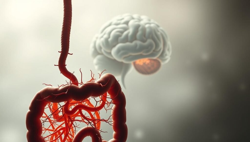 A detailed view of the intricate connection between the gut and the brain, featuring the "gut-brain axis". In the foreground, a stylized illustration of the intestinal tract, its complex network of neurons and neurotransmitters. In the middle ground, an abstract representation of the brain, with neural pathways intertwining with the gut. The background is a soft, atmospheric gradient, suggesting the delicate balance and profound influence these two systems have on each other. The lighting is muted and contemplative, conveying the thoughtful, scientific nature of this connection. The overall composition is visually striking, yet maintains a sense of harmony and balance, mirroring the intricate relationship between the intestines and the brain.