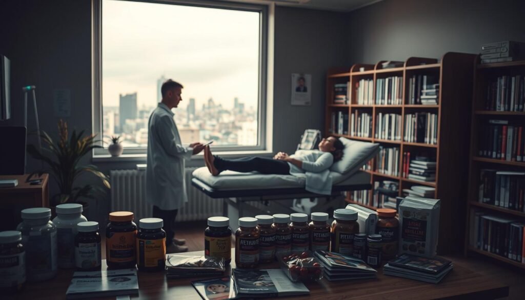 A dimly lit medical office, with a doctor in a white coat examining a patient on an examination table. In the foreground, an array of nutritional supplements and dietary guides, hinting at a holistic approach to healthcare. The middle ground features a large window overlooking a cityscape, symbolizing the integration of intermittent fasting into modern lifestyles. The background showcases a bookshelf filled with medical textbooks and research papers, conveying the scientific foundation of the practice. Warm, muted tones create a contemplative atmosphere, reflecting the thoughtful integration of intermittent fasting into the field of Nutrologia.