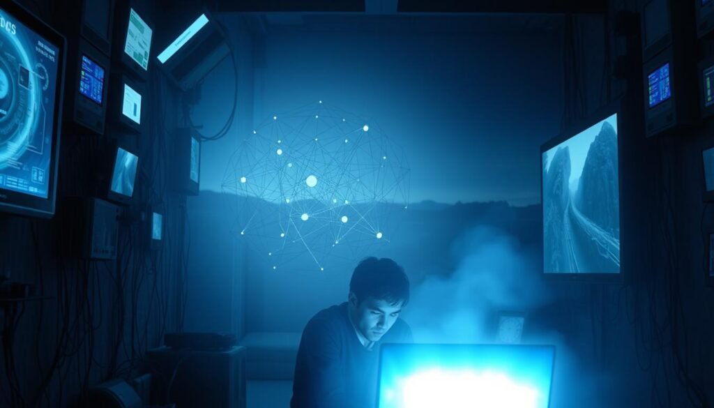 A dimly lit room, its walls adorned with digital displays and tangled cables. In the foreground, a figure sits hunched over a glowing screen, their expression pensive and conflicted. Surrounding them, a halo of ethereal light emanates from various devices, casting an eerie glow and evoking a sense of technological entrapment. In the middle ground, a tangle of interconnected devices and networks, representing the complexities and ethical dilemmas of modern connectivity. The background fades into a blurred, abstract landscape, symbolizing the far-reaching impact of these issues. The overall atmosphere is one of unease and uncertainty, reflecting the delicate balance between the benefits and challenges of our hyper-connected world.