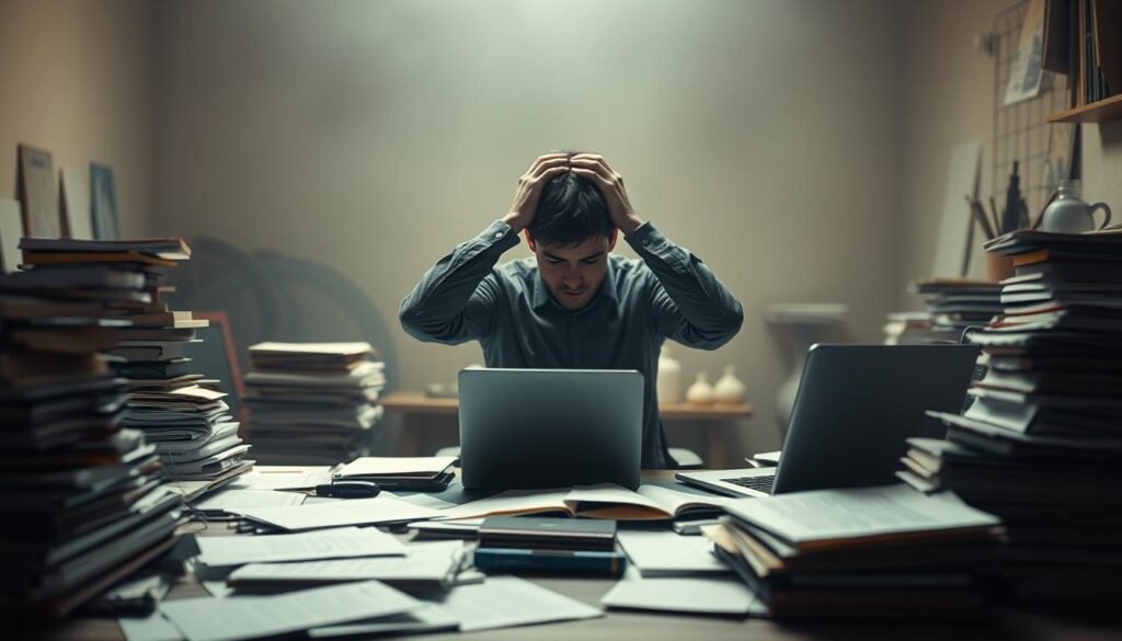 A dimly lit study room, with a cluttered desk in the foreground. Stacks of books, scattered papers, and a laptop convey the intensity of academic research. In the middle ground, a pensive researcher sits, hands on their head, lost in deep contemplation. The background is hazy, suggesting the weight of burnout - a sense of exhaustion and mental strain. Warm lighting casts a somber glow, while shadows creep in from the corners, creating an atmosphere of introspection and fatigue. The scene evokes the challenges faced in the pursuit of understanding the complex phenomenon of burnout.