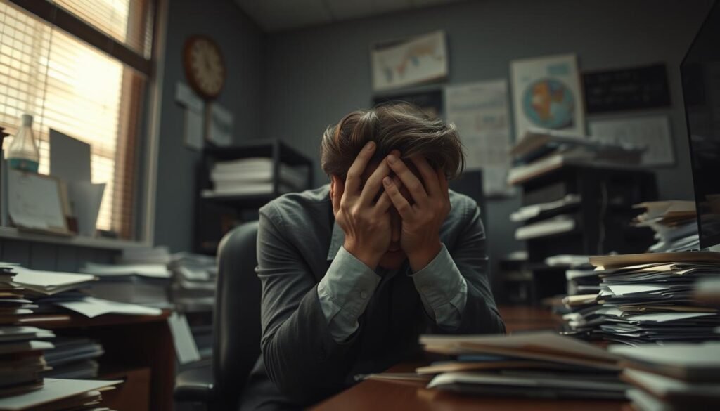 A disheartened office worker sits slumped at their desk, shoulders hunched and head in hands, as the weight of burnout takes its toll. The dimly lit room casts a somber, claustrophobic atmosphere, with a cluttered desktop and piles of unfinished work surrounding them. Hints of exhaustion and apathy are visible in their body language, conveying the behavioral symptoms of burnout - lack of motivation, reduced productivity, and emotional detachment. The scene is captured through a close-up, low-angle lens, emphasizing the subject's feelings of overwhelming stress and despair. A disheartened office worker sits slumped at their desk, shoulders hunched and head in hands, as the weight of burnout takes its toll. The dimly lit room casts a somber, claustrophobic atmosphere, with a cluttered desktop and piles of unfinished work surrounding them. Hints of exhaustion and apathy are visible in their body language, conveying the behavioral symptoms of burnout - lack of motivation, reduced productivity, and emotional detachment. The scene is captured through a close-up, low-angle lens, emphasizing the subject's feelings of overwhelming stress and despair.