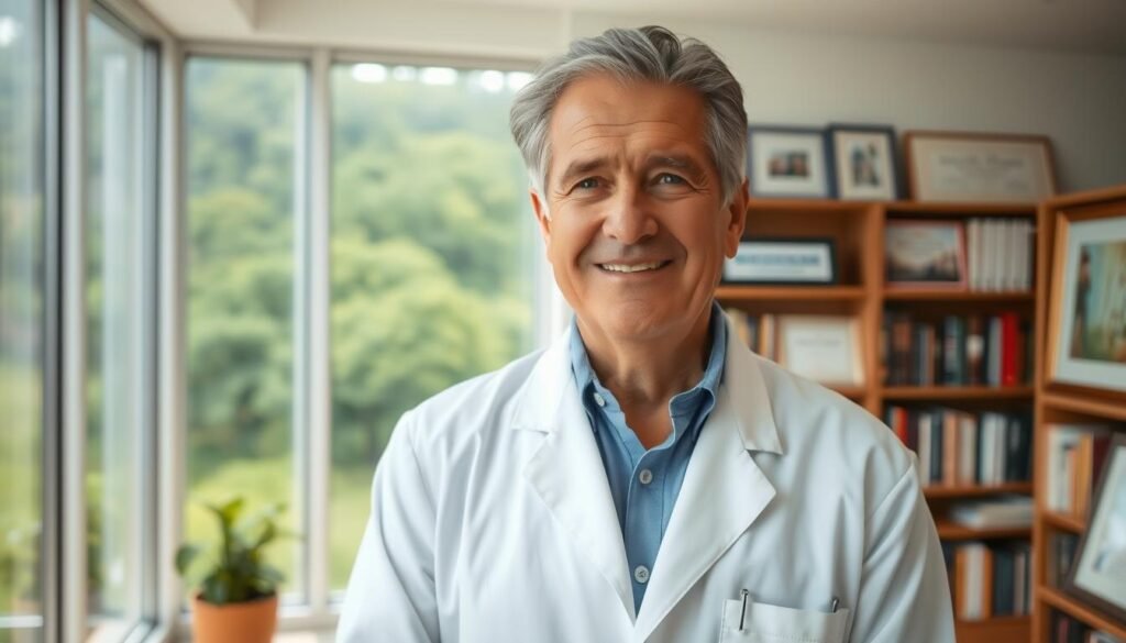 A distinguished-looking, mature man with a warm, thoughtful expression, Dr. Jo Furlan stands in a bright, airy room with large windows overlooking a lush, verdant landscape. He is dressed in a crisp, white lab coat, his greying hair neatly styled. The lighting is soft and diffused, creating a sense of calm and professionalism. The background features bookshelves filled with medical texts and framed certificates, hinting at his expertise and pioneering work in the field of Behavioral Nutrition. An air of quiet confidence and intellectual curiosity surrounds him, inviting the viewer to learn more about his groundbreaking contributions to this important discipline.