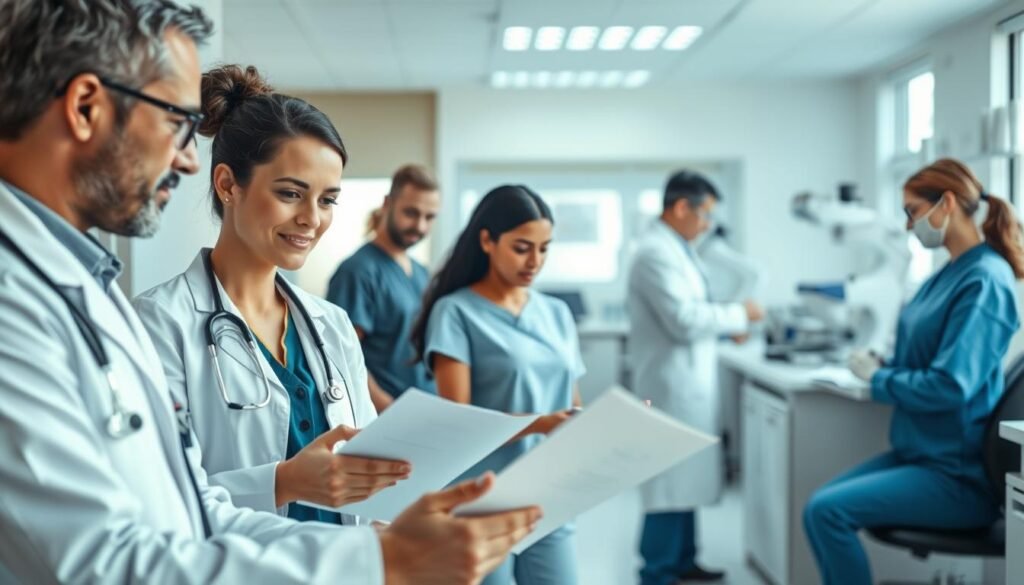 A diverse team of healthcare professionals working collaboratively in a well-lit, modern medical facility. In the foreground, a doctor and nurse consult over patient files, their expressions focused and compassionate. In the middle ground, a physical therapist guides a patient through exercises, their movements fluid and attentive. In the background, a lab technician carefully examines samples, their workspace clean and organized. The atmosphere conveys a sense of expertise, empathy, and a shared dedication to the well-being of the community.