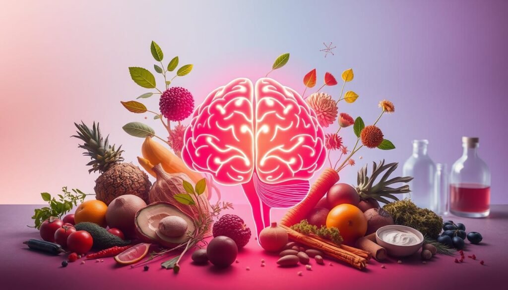 A dynamic and vibrant scene depicting the intersection of neuroscience and nutrition. In the foreground, a stylized human brain appears, its intricate neural pathways illuminated with a soft, ethereal glow. Surrounding the brain, various superfoods and natural ingredients are arranged in an artful, visually appealing composition, symbolizing the profound connection between the mind and the body. The middle ground features a minimalist, clean-lined laboratory setting, hinting at the scientific research and innovation that underpin this field. The background is filled with a soft, gradient-based backdrop, creating a sense of depth and focus on the central elements. The overall mood is one of discovery, exploration, and the harmonious integration of the neurological and nutritional realms.