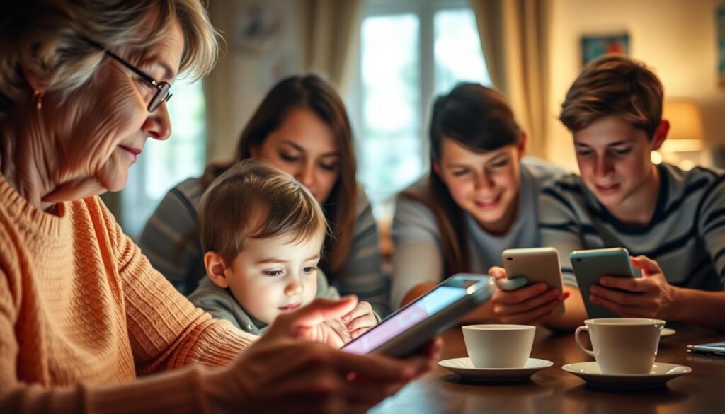 A family gathered around a table, deep in conversation, their faces illuminated by the soft glow of digital devices. The foreground features a grandmother and young grandchild, their eyes locked on a tablet screen, while the middle ground showcases a parent and teenager engaged in their own virtual exchanges. The background blurs into a warm, cozy living room, hinting at the intimacy and togetherness that technology has both enabled and disrupted in modern family dynamics. The scene conveys a sense of both connection and disconnection, reflecting the complex interplay of human relationships in the digital age. A family gathered around a table, deep in conversation, their faces illuminated by the soft glow of digital devices. The foreground features a grandmother and young grandchild, their eyes locked on a tablet screen, while the middle ground showcases a parent and teenager engaged in their own virtual exchanges. The background blurs into a warm, cozy living room, hinting at the intimacy and togetherness that technology has both enabled and disrupted in modern family dynamics. The scene conveys a sense of both connection and disconnection, reflecting the complex interplay of human relationships in the digital age.