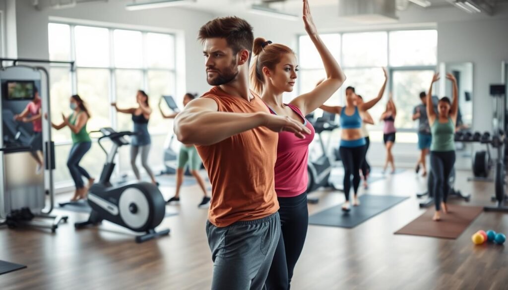 A group of diverse people enthusiastically participating in various physical exercises in a well-equipped gym. In the foreground, a fit male and female performing a series of dynamic stretches. In the middle ground, a group of individuals lifting weights, using cardio machines, and engaging in yoga poses. The background showcases a bright, modern gymnasium with large windows allowing natural light to fill the space, creating a motivating and energetic atmosphere. The scene conveys the importance of physical activity, emphasizing the wide range of exercises that can be incorporated into a well-rounded fitness routine.