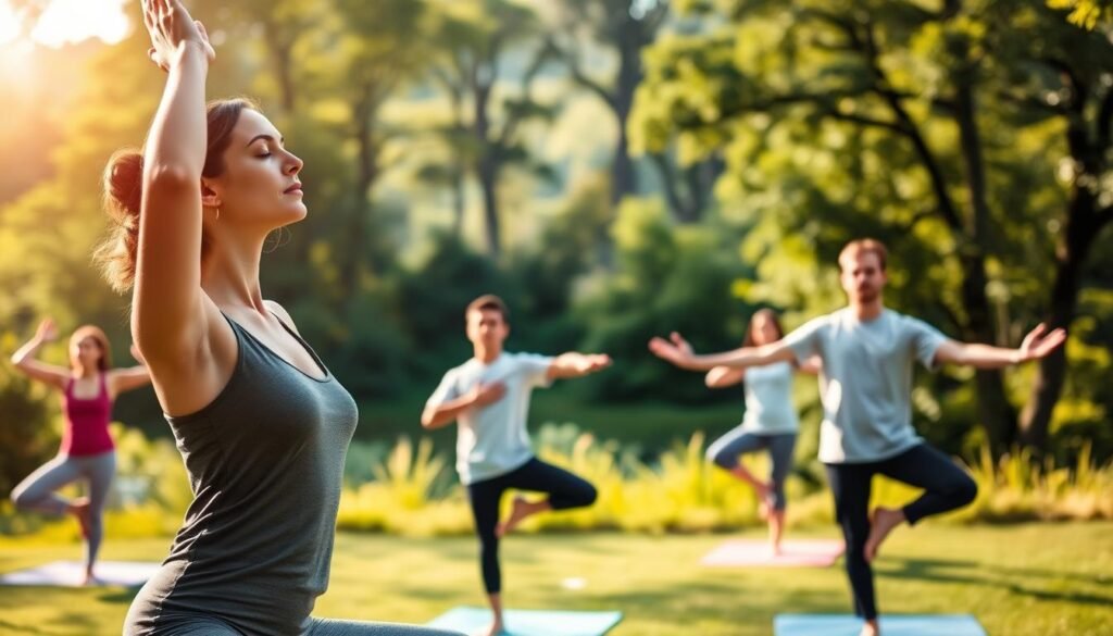 A group of young adults practicing various yoga poses in a serene, sun-dappled outdoor setting. In the foreground, a woman gracefully holds a tree pose, her eyes closed in concentration. In the middle ground, two men flow through a series of Sun Salutations, their movements fluid and synchronized. In the background, a lush green landscape with towering trees frames the scene, creating a sense of tranquility and connection to nature. The lighting is soft and warm, casting a gentle glow on the yoga practitioners as they engage in their practice, promoting physical and mental wellness.
