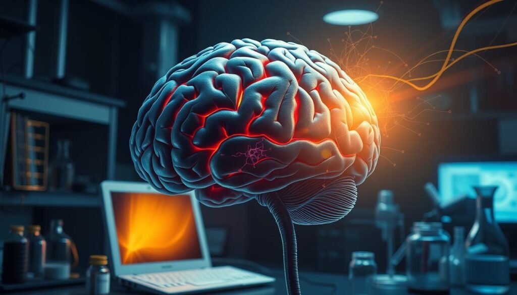 A high-resolution, hyperrealistic digital painting of the human brain, with intricate neural pathways and structures rendered in exquisite detail. The brain is set against a dimly lit, scientific laboratory backdrop, with medical equipment, glassware, and a computer monitor in the foreground. The image conveys a sense of deep contemplation and scientific inquiry, capturing the essence of neuroscience research into obesity. The lighting is dramatic, with a warm, golden glow from the computer screen illuminating the brain, while the rest of the scene is cast in cool, shadows. The composition draws the viewer's eye towards the brain, emphasizing its complexity and the importance of understanding its role in obesity.
