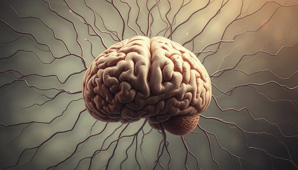 A human brain surrounded by a halo of neural pathways and synaptic connections, set against a backdrop of soft, muted colors representing the complex interplay between neuroscience and emotions. The brain is rendered in a detailed, realistic style, with intricate textures and subtle highlights that convey the depth and intricacy of the organ. The neural pathways radiate outward in a dynamic, swirling pattern, creating a sense of movement and interconnectedness. The overall mood is one of contemplation and wonder, inviting the viewer to ponder the relationship between the brain's physical structure and the inner workings of the mind.