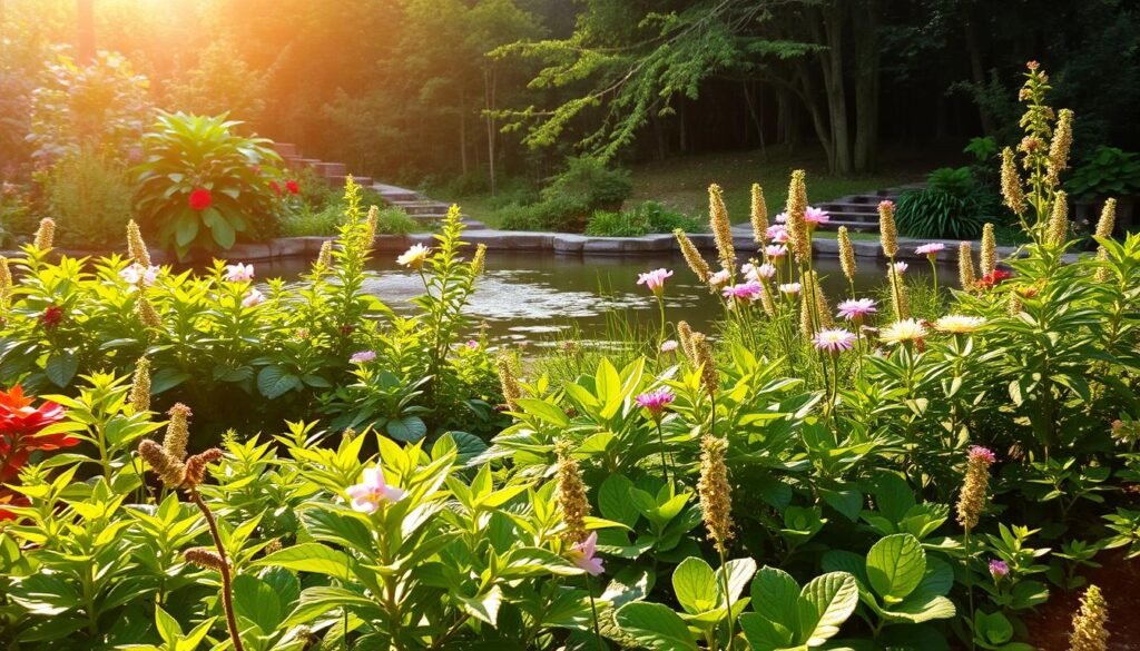 A lush, serene garden setting with a warm, natural lighting. In the foreground, a vibrant array of thriving plants and flowers, their colors and textures accentuated by the soft, diffused sunlight. In the middle ground, a peaceful water feature, its surface gently rippling, reflecting the surrounding greenery. The background features a tranquil, wooded area with a sense of depth and seclusion, creating an atmosphere of calm and balance. The overall scene conveys a harmonious, restorative environment that nourishes the senses and soothes the mind.