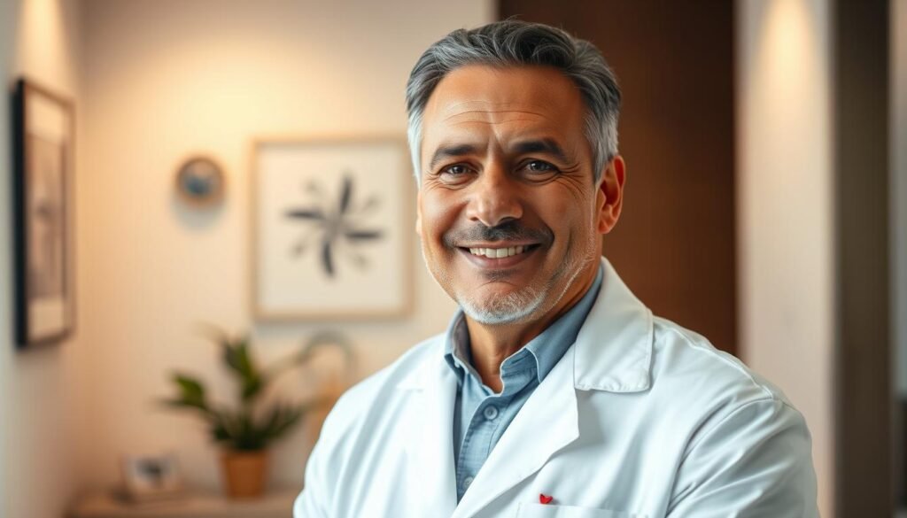 A middle-aged, Brazilian man with a warm, welcoming expression and a kind, intelligent gaze. He is dressed in a crisp, white lab coat, standing in a well-lit medical office with subtle, professional decor. The lighting is soft and flattering, accentuating his features and conveying a sense of authority and expertise. His posture is confident yet approachable, suggesting a caring and dedicated demeanor. The composition places him in the foreground, with a blurred, neutral background that keeps the focus on his face and upper body. This image should portray Dr. Jô Furlan as an accomplished, empathetic nutrologist who is well-suited to guide patients through their health and weight-related challenges.