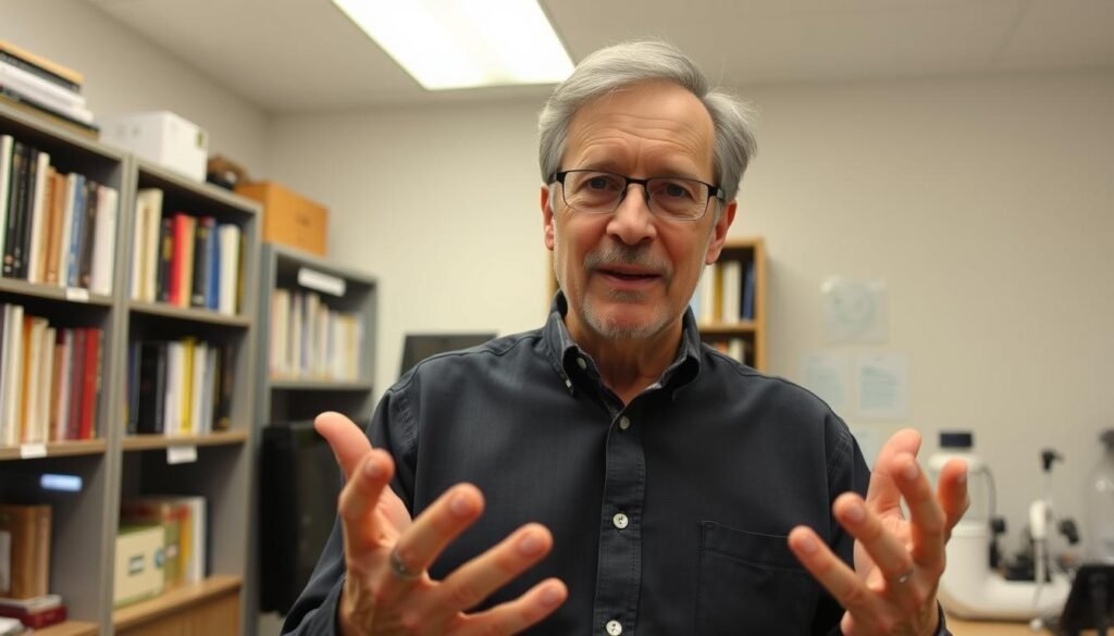 A middle-aged man with a warm, intelligent gaze stands in a well-lit office, surrounded by bookshelves and scientific equipment. He is Dr. Jo Furlan, a renowned figure in the fields of nutrology and neuroscience, his hands gesturing passionately as he discusses his groundbreaking research. The scene is captured with a slightly low camera angle, conveying his authority and expertise. The mood is one of academic rigor and intellectual curiosity, reflecting the man's dedication to advancing our understanding of the human body and mind.