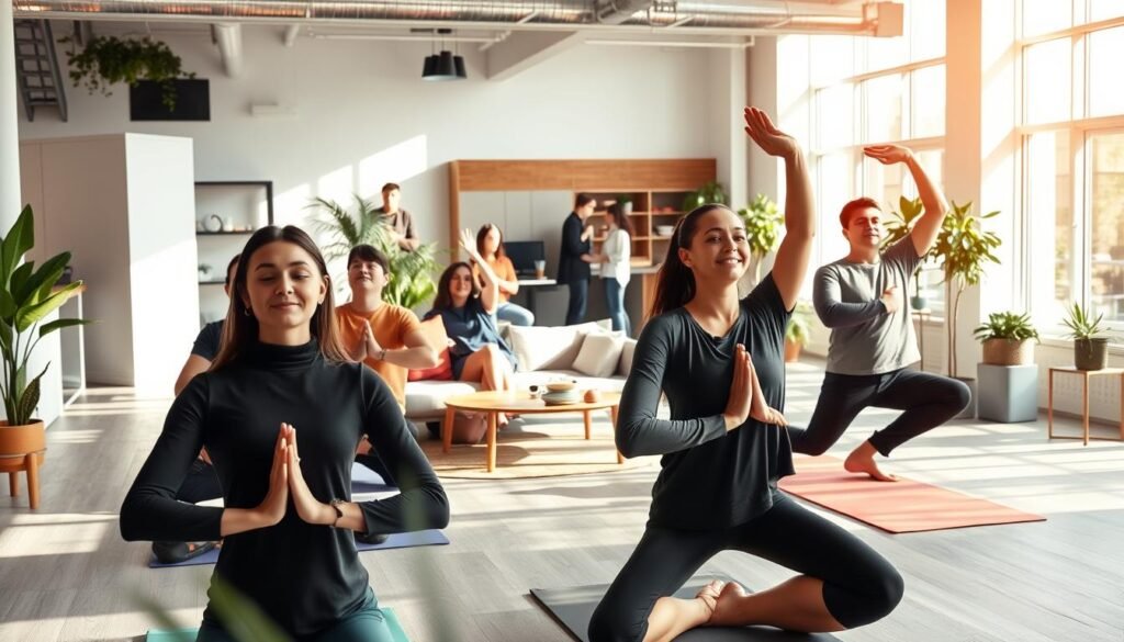 A modern open-plan office with natural lighting streaming through large windows. In the foreground, a group of employees engaging in a relaxing yoga session, their faces serene and focused. In the middle ground, a cozy lounge area with comfortable couches and potted plants, where colleagues are chatting and taking breaks. In the background, a wellness station with healthy snacks, a hydration station, and a mindfulness meditation area. The overall atmosphere is calming and rejuvenating, promoting a sense of balance and well-being to prevent burnout.