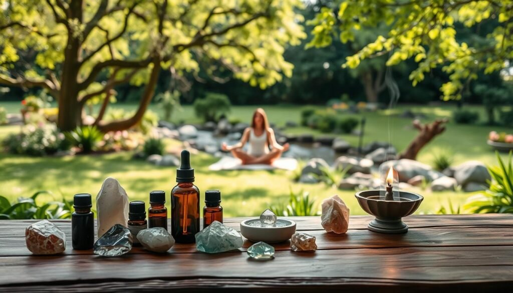 A peaceful, serene garden setting with various alternative therapy tools and practices. In the foreground, crystals, essential oils, and incense burners rest on a wooden table, radiating a calming energy. The middle ground features a person sitting cross-legged, engaged in meditation or yoga. In the background, a lush, verdant landscape with swaying trees and a gentle stream create a tranquil, holistic atmosphere. Soft, natural lighting illuminates the scene, conveying a sense of balance and wellness. The image embodies the holistic, integrative approach to healthcare, where mind, body, and spirit are harmoniously addressed.
