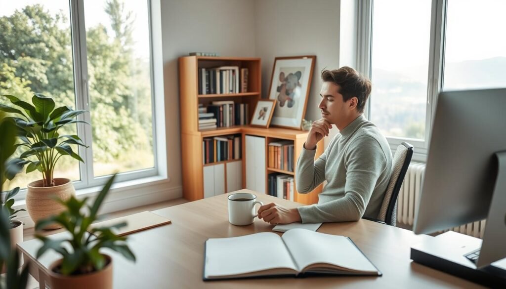 A peaceful, serene office space with natural lighting streaming through large windows. In the foreground, a person sitting at a desk, deep in thought, their posture and expression conveying a sense of calm and focus. On the desk, a plant, a mug of tea, and a notebook open to a blank page. The middle ground features a bookshelf filled with volumes, a framed piece of abstract art, and a small meditation cushion on the floor. The background showcases a tranquil outdoor scene, with lush greenery and a calming landscape visible through the windows. The overall atmosphere is one of mindfulness, balance, and a healthy work-life integration. A peaceful, serene office space with natural lighting streaming through large windows. In the foreground, a person sitting at a desk, deep in thought, their posture and expression conveying a sense of calm and focus. On the desk, a plant, a mug of tea, and a notebook open to a blank page. The middle ground features a bookshelf filled with volumes, a framed piece of abstract art, and a small meditation cushion on the floor. The background showcases a tranquil outdoor scene, with lush greenery and a calming landscape visible through the windows. The overall atmosphere is one of mindfulness, balance, and a healthy work-life integration.
