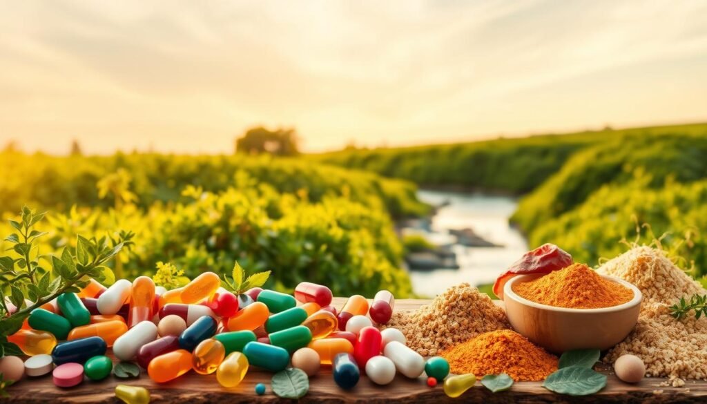 A serene and balanced composition depicting "Probióticos e Prebióticos". In the foreground, an array of vibrant capsules, tablets, and powders representing various probiotic and prebiotic supplements. The middle ground features a lush, verdant landscape with flourishing plants and a tranquil stream flowing through. In the background, a softly-lit sky with wispy clouds creates a calming atmosphere. The lighting is warm and natural, illuminating the scene with a golden glow. The overall image conveys a sense of harmony, wellness, and the symbiotic relationship between probiotics, prebiotics, and a healthy gut ecosystem.