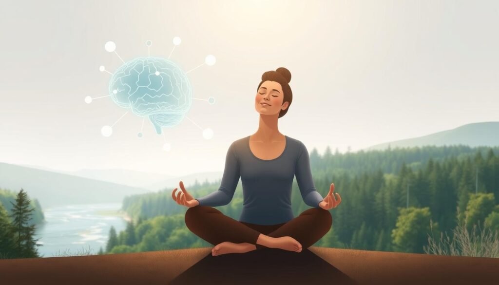 A serene and contemplative illustration of the relationship between intermittent fasting and mental well-being. In the foreground, a person sits cross-legged in a meditative pose, their eyes closed and a peaceful expression on their face, surrounded by a soft, warm glow. In the middle ground, subtle visualizations of brain activity and neurotransmitter pathways, hinting at the neurological benefits of fasting. The background depicts a calming, natural landscape - a lush forest, flowing river, and clear sky, conveying a sense of balance and harmony. The lighting is soft and diffused, creating an atmosphere of tranquility and introspection. The overall composition should evoke a sense of mental clarity, emotional well-being, and the synergistic relationship between intermittent fasting and psychological health.