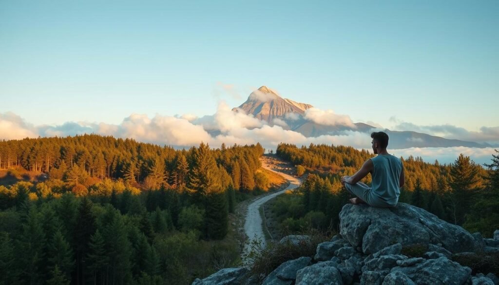 A serene and contemplative scene depicting the challenges of implementing Stoic practices. In the foreground, a solitary figure sits cross-legged on a rocky outcrop, deep in thought, surrounded by a lush, verdant landscape. The middle ground features a winding path leading through a dense forest, hinting at the obstacles and distractions that can impede one's Stoic journey. The background is filled with a majestic mountain range, its peaks shrouded in wispy clouds, symbolizing the lofty ideals of Stoicism. Warm, natural lighting illuminates the scene, creating a sense of tranquility and introspection. The overall atmosphere evokes the tension between the individual's desire for inner peace and the challenges of maintaining Stoic principles in the face of life's complexities.
