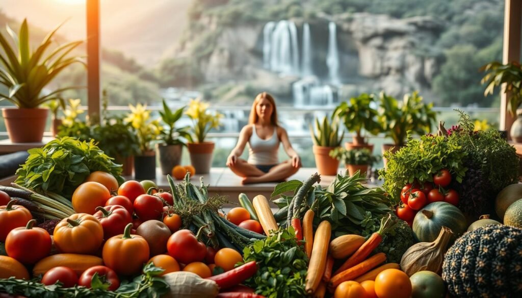 A serene and harmonious scene depicting the essence of "saúde integrativa" or Integrative Health. In the foreground, a vibrant array of fresh, organic produce - fruits, vegetables, and herbs - arranged in a visually appealing manner. In the middle ground, a person in a relaxed, meditative pose, surrounded by natural elements like potted plants and soft lighting. The background features a soothing, nature-inspired setting, perhaps with a tranquil waterfall or rolling hills, conveying a sense of balance, wellness, and connection to the natural world. The overall mood is calming, restorative, and evocative of the holistic approach to wellbeing.